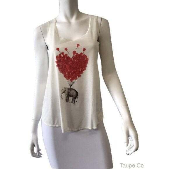 Ivory Tank Top With Red Balloon Heart & Elephant Graphic - Picture 1 of 4